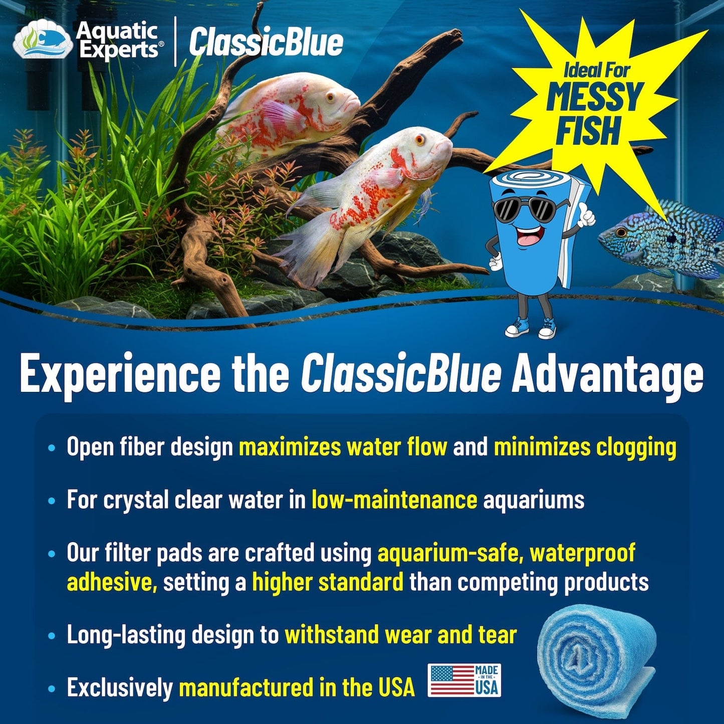 ClassicBlue Aquarium Filter Pad Roll Blue White Bonded Cut to Fit Bulk | Aquatic Experts