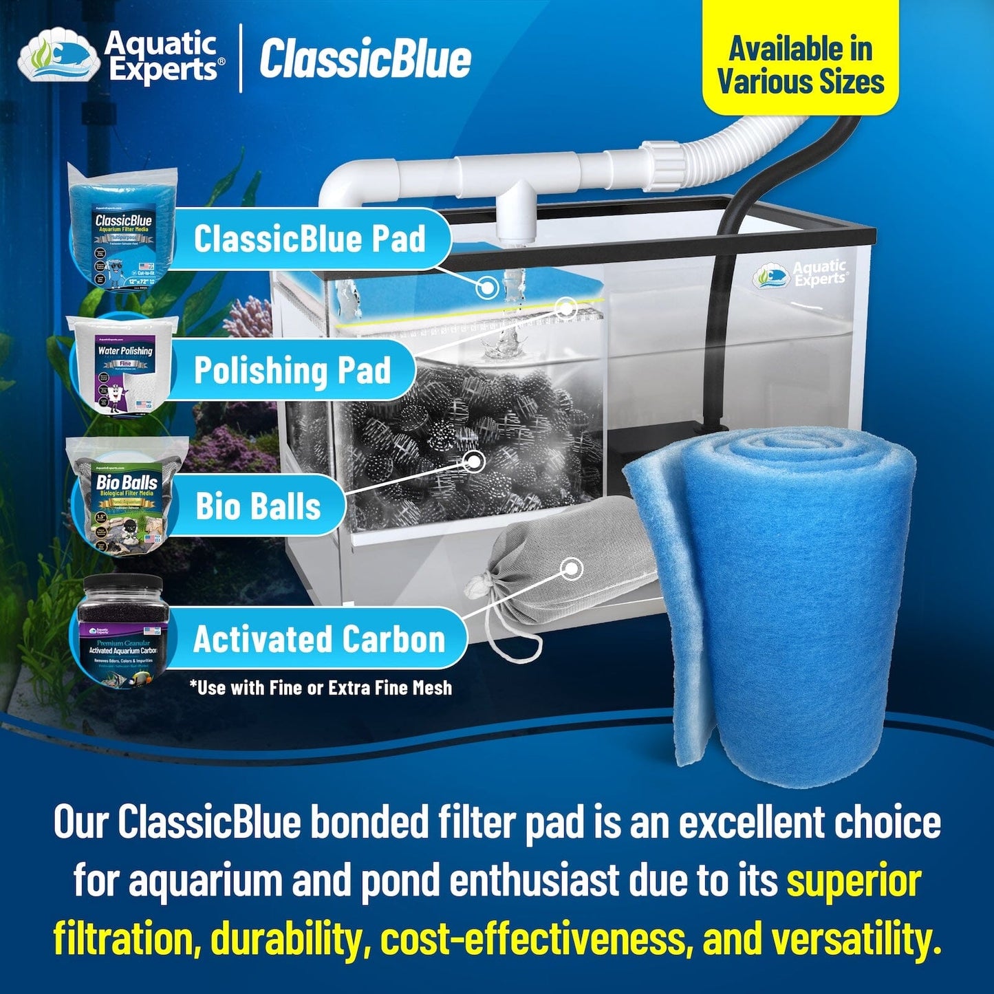 ClassicBlue Aquarium Filter Pad Roll Blue White Bonded Cut to Fit Bulk | Aquatic Experts